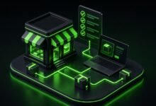 3D izometrik illustrasyon: e-ticaret mağazası, kontrol listesi, laptop ve kargo kutuları