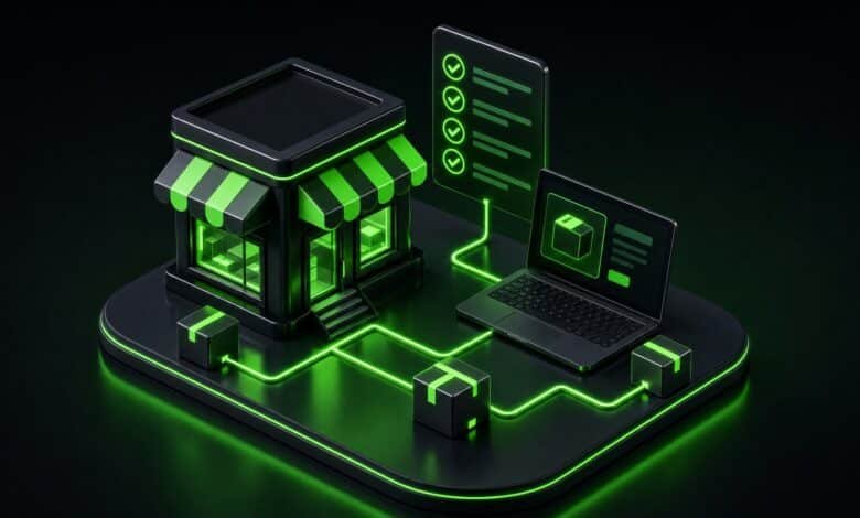 3D izometrik illustrasyon: e-ticaret mağazası, kontrol listesi, laptop ve kargo kutuları