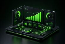 3D izometrik illustrasyon: dijital pazarlama KPI panosu, göstergeler ve yükselen sütun grafiği