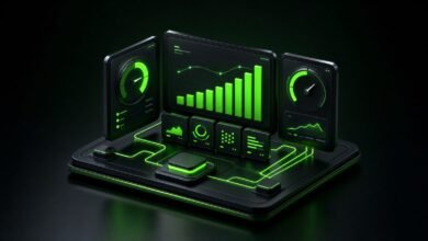 3D izometrik illustrasyon: dijital pazarlama KPI panosu, göstergeler ve yükselen sütun grafiği