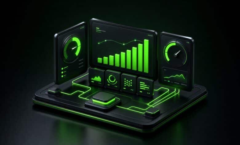 3D izometrik illustrasyon: dijital pazarlama KPI panosu, göstergeler ve yükselen sütun grafiği