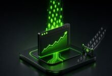 3D izometrik illustrasyon: organik ziyaretçi akışı yükselen grafikli tarayıcı penceresine akarken satın alınmış trafik bariyerde duruyor