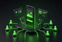 3D izometrik illustrasyon: sosyal medya reklam kartları, hedefleme halkaları ve bağlı kitle ikonlarıyla akıllı telefon