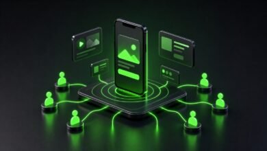 3D izometrik illustrasyon: sosyal medya reklam kartları, hedefleme halkaları ve bağlı kitle ikonlarıyla akıllı telefon