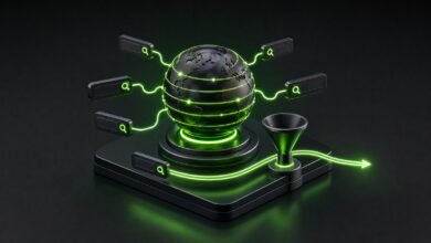 3D izometrik illustrasyon: dünya küresine bağlı yabancı arama motoru kutuları ve filtreyi atlayan arama akışı